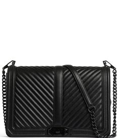 From REBECCA MINKOFF&#x2C; the Chevron Quilted Jumbo Love Crossbody Bag features:Genuine geo quilted leatherCustomer black hardware Flap closure with turn lock One exterior slip pocket Three exterior slip pockets Can be worn as crossbody or remove strap and wear as clutchApprox. 12" W x 8" H x 3.5" D bag; 22" detachable crossbody strap Imported. Leather Wallet Design, Rebecca Minkoff Crossbody Bag, Purse Outfit, Cute Crossbody Bags, Wallet Design, Rebecca Minkoff Handbags, Black Crossbody Bag, Black Crossbody Purse, Quilted Purses