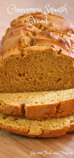 a loaf of cinnamon squash bread sitting on top of a wooden cutting board