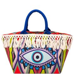 Multi color evil eye beach bags boho style fringe Summer Blue Fringe Bag, Blue Fringed Bags For Vacation, Multicolor Tote Beach Bag For Festivals, Multicolor Festival Tote Beach Bag, Daily Use Fringe Tote Beach Bag, Trendy Fringe Shoulder Bag For Summer, Rectangular Shoulder Bag With Tassels For Beach Season, Blue Summer Bag With Tassels, Blue Bags With Tassels For Vacation