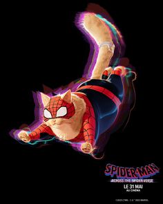 a cat in a spider - man suit is flying through the air with his legs spread out