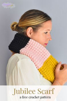 a woman wearing a knitted scarf with text overlay that reads jubilee scarf, a free crochet pattern