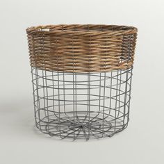 a wicker basket sitting on top of a white table