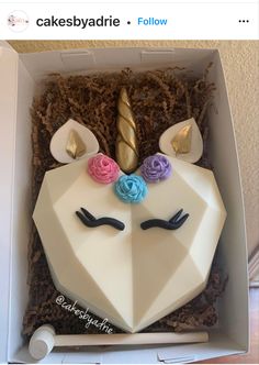 a cake shaped like a unicorn's face in a box