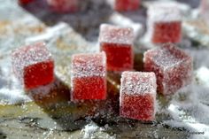 red and white cubes are covered in snow