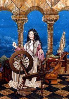 a painting of a woman holding a spinning wheel