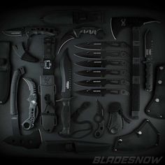 an assortment of knifes and knives displayed on a black background with the words bladesnow above them