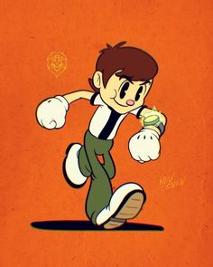 a cartoon character running and holding something in his hand