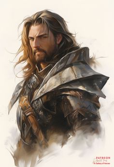 a painting of a man with long hair wearing armor