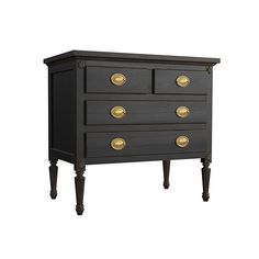 a black dresser with gold knobs on the top and bottom drawers, against a white background