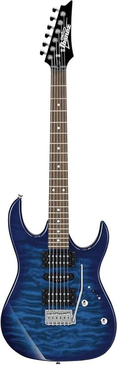 an electric guitar with blue body and black frets on the neck, in front of a white background