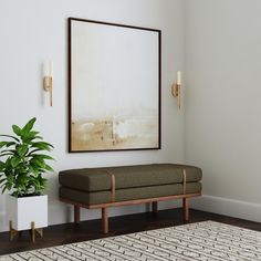 a living room with a couch, potted plant and framed art on the wall