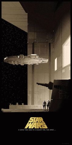 a star wars movie poster with two men standing in front of a large model ship