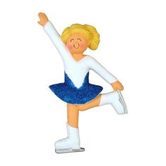 a christmas ornament with a girl in a blue dress and tennis shoes on it