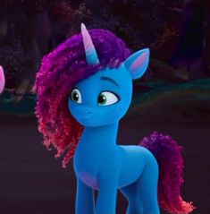 the blue pony has pink hair and is looking at another pony with purple manes