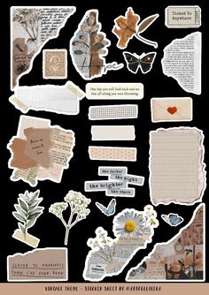 an assortment of stickers and papers on a black background with the words, flowers, leaves