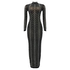 This Mock Neck Mermaid Hem Mesh Bodycon Dress is the perfect choice for making a statement. Crafted from a comfortable fabric and designed with a maxi length, long sleeves and beautiful rhinestone decor, it's a perfect piece to make you feel luxuriously elegant. Fit Type: Regular Fit Fabric: Medium Stretch Material: Polyester, Elastane Embellished Stretch Bodycon Dress With Long Sleeves, Stretch Full-length Long Sleeve Party Dress, Stretch Long Sleeve Long Dress For Party, Glamorous Long Sleeve Embellished Maxi Dress, Embellished Long Sleeve Stretch Dress, Embellished Stretch Long Sleeve Dress, Glamorous Bodycon Long Sleeve Maxi Dress, Mesh Bodycon Dress, Rhinestone Decor