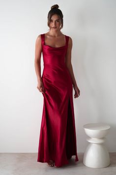 Riviera Soft Satin Maxi Gown | Berry Red Red Formal Dress Long, Stranger Things Dress, Christmas Maxi Dress, Satin Prom Dress Long, One Shoulder Dresses, Fashion Dresses For Women, Red Satin Dress, Frock For Women, Fancy Dresses Long