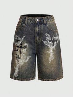 Women's Fashionable Printed Casual Denim Shorts Dark Green Casual   Denim Animal,Plain Bermuda Non-Stretch  Women Clothing, size features are:Bust: ,Length: ,Sleeve Length: Emo Shorts, Grunge Shorts, Grunge Denim, Punk Woman, Shein Shorts, Reworked Denim, Casual Denim Shorts, Estilo Fitness, Turtleneck T Shirt