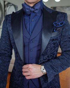 Navy Blue Designer Paisley Fabric from France Satin Peak Collar Full-Canvas Construction Single Button Closure Soft, natural shoulder construction Chest Barchetta Pocket Dual Vents Satin covered buttons Handmade in any size! Includes a Sebastian Cruz Couture Pocket Square of your choice! All of our jackets are made with 4" extra of fabric to ensure you don't have to send it back to us if its too small or too big. You can tailor your jacket 2 sizes bigger and/or smaller if needed. We guarantee yo Prom For Guys, Paisley Jacket, Blue Tuxedos, Paisley Fabric, Prom Suits, Dapper Men, Mens Luxury Fashion, Tuxedo Suit, Floral Jacquard