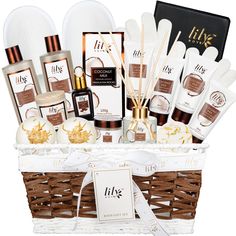 a white basket filled with different types of skin care products and personal care items in it