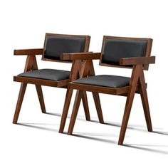 two chairs sitting side by side with black leather seats on the back and one is made out of wood