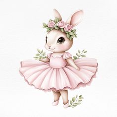 a painting of a little bunny in a pink tutu with flowers on her head