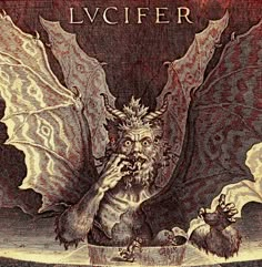 an old book cover with a demon and other creatures in the foreground, including two bats