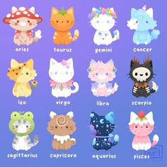 a bunch of cats that are in different colors and sizes on a purple background with the caption zodiac signs