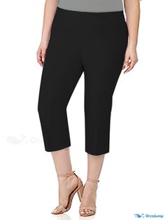 Orcajump - Plus Size Elegant Capri Pants, Women's Plus Solid High Rise Medium Stretch Skinny Capri Trousers Chic Black Capri Length Pants, Solid Fitted Capri Length Pants, Chic Black Capri Length Bottoms, Spring Black Capri Length Pants, Stretch Capri Bottoms For Work, Stretch Capri Length Bottoms For Work, Black Capri Length Bottoms For Spring, Stretch Cropped Leg Solid Color Pants, Stretch Cropped Leg Pants