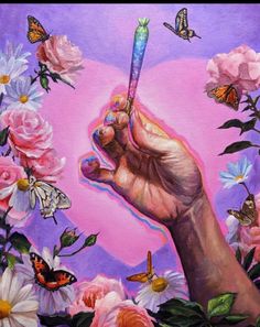 a painting of a hand holding a lit candle surrounded by flowers and butterflies