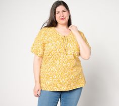 Boasting a ruched V neckline with drawcord detail, this printed knit top brings a cute and carefree vibe to your casual attire. From AnyBody®. Casual V-neck Top With Drawstring, Drawcord Detail, Casual Attire, V Neckline, Print Tops, Knit Top, Top Blouse, Tops & Tees, Bring It On