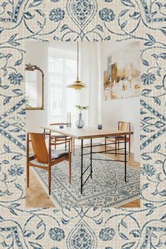 a dining room table with chairs and a rug in front of the window is shown