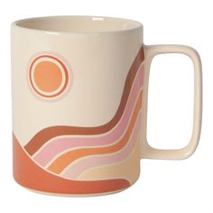 a coffee mug with an abstract design on the outside and inside, in front of a white background