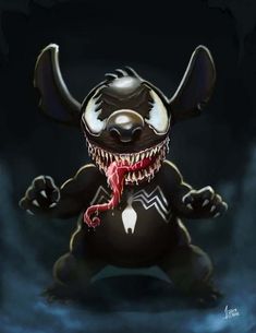 a cartoon character with big teeth and fangs on it's face, standing in front of a dark background