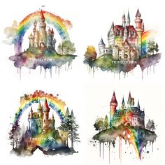 four watercolor castles with rainbows and trees