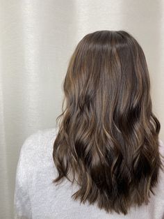 Wavy Armpit Length Hair, Subtle Layered Haircut, Brunette With Minimal Highlights, Dimensional Chocolate Brunette, Shoulder Length Cut With Subtle Layers, Brunette Hair Cuts Medium, Lived In Brown Balayage, Haircut Brunette Medium, No Layers Haircut Medium