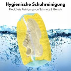 a pair of shoes floating in water with the words hygienische schreinigung