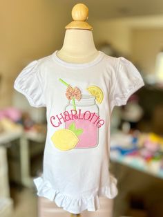 Mason Jar Pink Lemonade shirt, tank or bodysuit for girls - Darling Little Bow Shop Long Sleeve Summer Tops For Birthday, Fun Spring Tops With Ruffles, Playful Spring Party Tops, Cute Spring Birthday Tops, Cute Tops For Birthday In Spring, Cute Cotton Party Tops, Cute Ruffled Party Tops, Shimmery Fabric, Pineapple Top