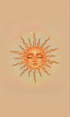 the sun with its eyes closed in front of a beige background and stars above it