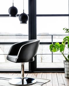 a black chair sitting in front of a window next to a potted plant