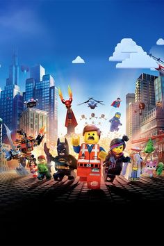 the lego movie poster with many characters in front of cityscape and skyscrapers