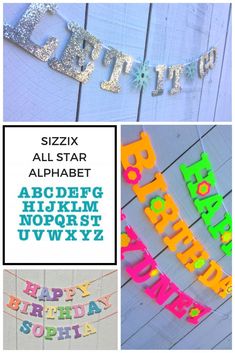 the birthday banner is decorated with glitter letters and happy birthday words, along with other decorations