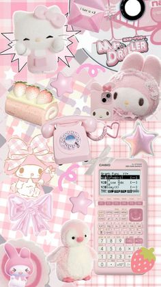 hello kitty wallpaper with pink and white items on it's side, including a calculator