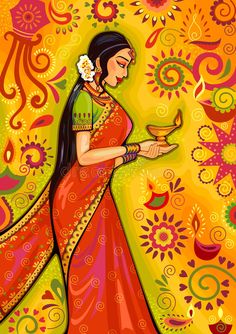 India Women Painting, Festival Of India Painting, Painting On Diwali, Drawing For Diwali Festival, Indian Festival Painting, Diwali Illustration Art, Indian Rangoli Designs Festivals, Diwali Art Painting