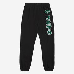 Show your true colors while crushing it in the gym or crushing a nap at home in these New York Jets Team Color Sweatpants. Features All-over, team-colored design so you can rep the team in style Team logo display on upper left leg, in case there were any doubts where your allegiances lie Vertical, stacked and team-colored team wordmark display on left leg so you can show off your team pride with every stride Elastic waistband to keep you comfortable Details Material: 65% Cotton/35% Polyester Off Team-colored Bottoms For Game Day, Sporty Cotton Bottoms For Game Day, Team-colored Casual Bottoms For Sports Events, Collegiate Black Bottoms For Sports Events, Casual Team-colored Bottoms For Sports Events, Sportswear Joggers For Sports Events And Season, Sportswear Joggers For Sports Season, Sportswear Sweatpants For Sports Events, Sportswear Joggers For Sports Events