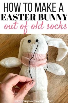 an old sock bunny stuffed animal with text overlay reading how to make easter bunnies from old socks