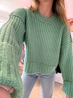 Our Matcha Latte Crop Sweater is the prettiest spring color sweater you'll wear over and over again. This sweater features sage color, cropped style, and exposed seam design on the hemline and neckline. Style this sweater with all your fave jeans and sneakers for the cutest casual fit! Content: 65% Acrylic 32% Polyeste Preppy Girly Outfits Casual, Jean Sweater Outfit, Green Sweatshirt Outfit, Light Green Sweater, Outfit Dump, Kerrygold Butter, Cute Summer Fits, Boutique Sweaters, Dressing Well