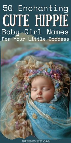 a baby wrapped in a blanket with the title 50 enchanting cute hippie baby girl names for your little goddess