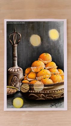 a painting of oranges in a bowl with a lamp on the table next to it