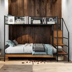 a bedroom with a bunk bed next to a wooden wall